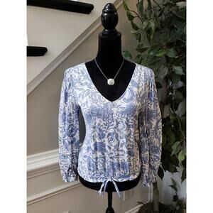 Women's INC Concepts Blue White Floral Print Top V Neck Drawstring Hem Small